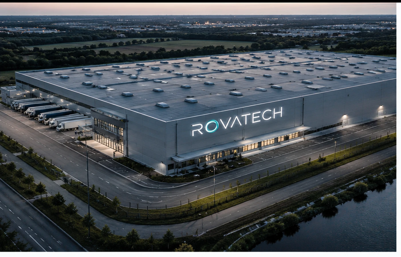 Moderne Logistikhalle mit RovaTech Branding